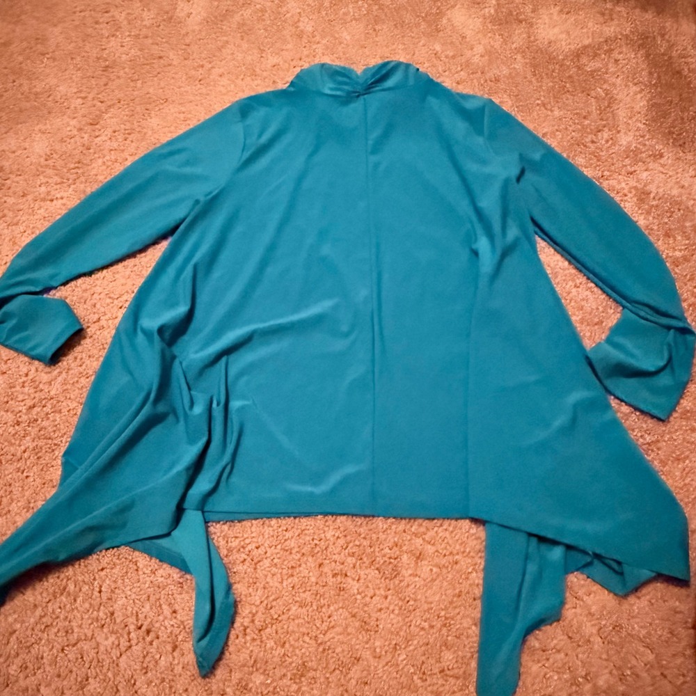Venus Teal Blue Sharkbite Hem Tunic Top Gold Hardware Keyhole Mock Neck XL - Picture 7 of 7